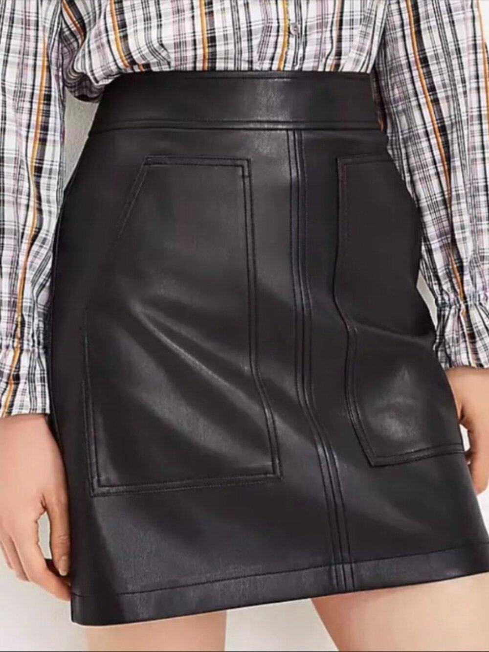 H&M Black Faux Leather Mini Skirt with Front Patch Pockets